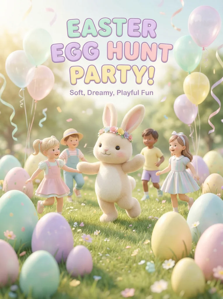 Joyful children's Easter party poster with a cute bunny and eggs